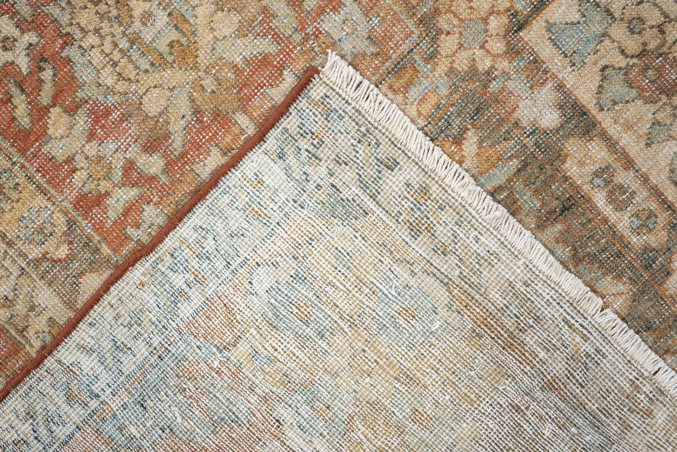4' x 6' one-of-a-kind handmade antique Baktiary small size rug. Color palette: terracotta, ivory, pale blue, taupe, camel