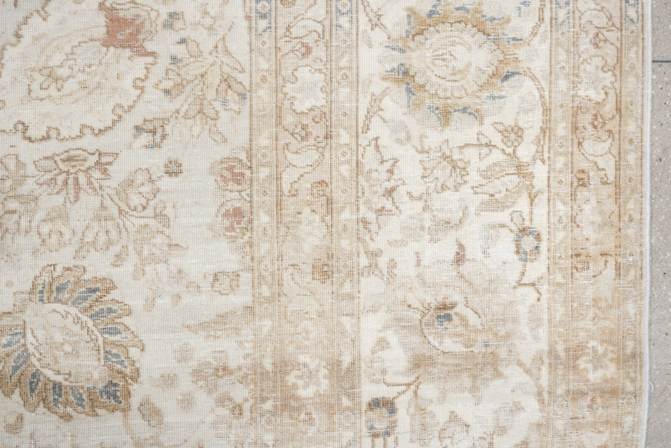 9' x 18' one-of-a-kind handmade antique Tabriz rug. Color palette: ivory, taupe, beige, camel, pale blue, sage, soft gold