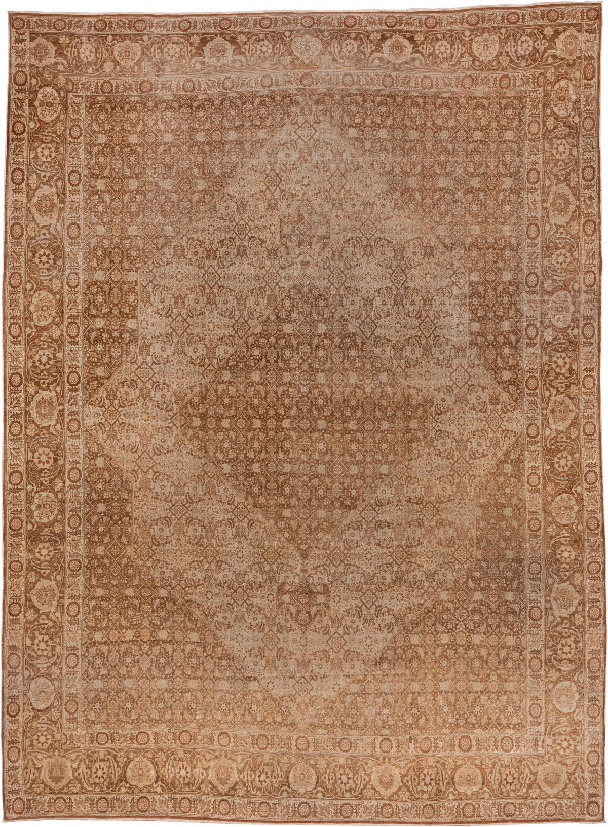 9' x 12' one-of-a-kind handmade antique Tabriz large size rug. Color palette: camel, terracotta, ivory, taupe, sienna, beige