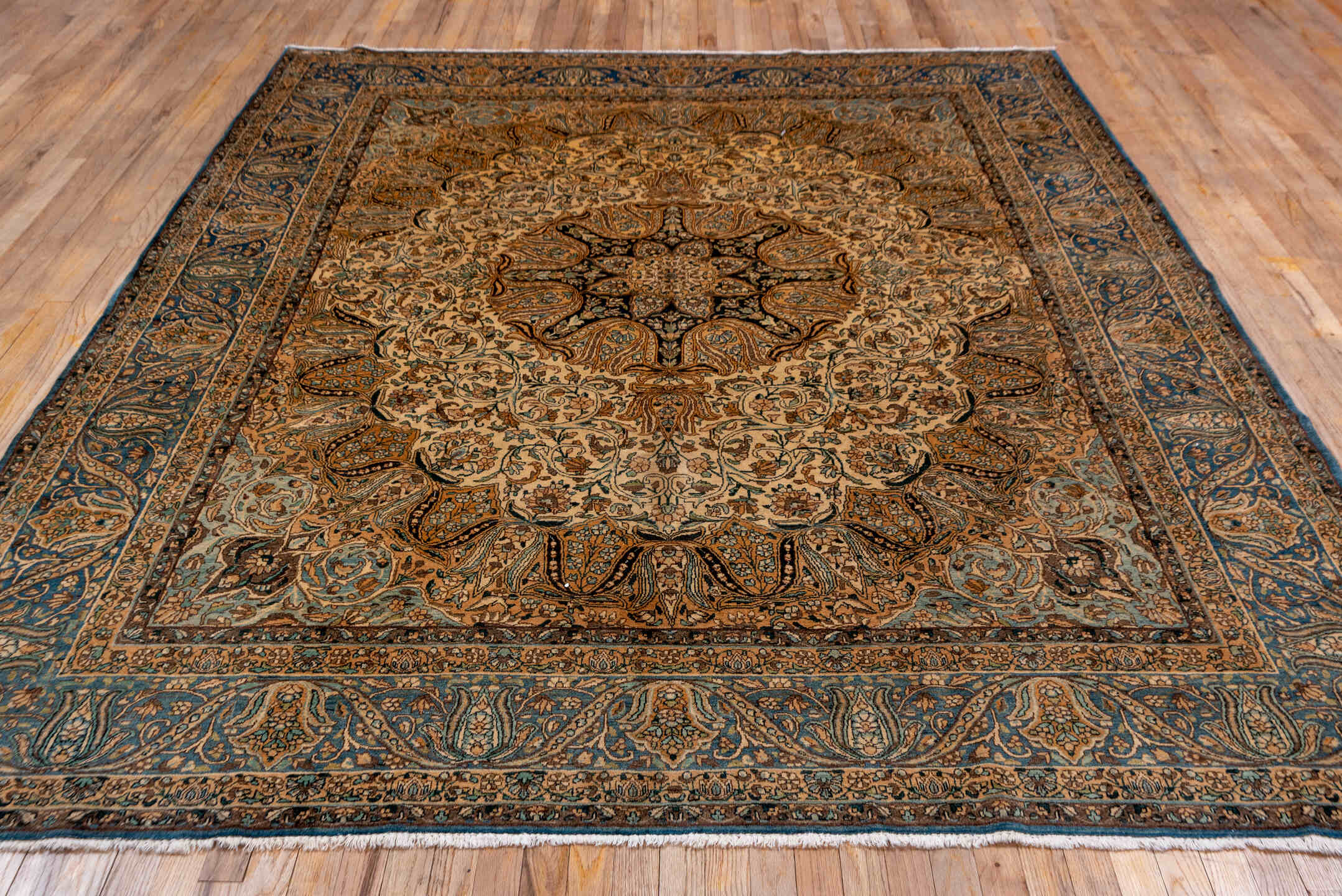 7' x 9' one-of-a-kind handmade vintage Kerman rug. Color palette: ivory, blue, camel, brown, taupe, charcoal, sage, beige