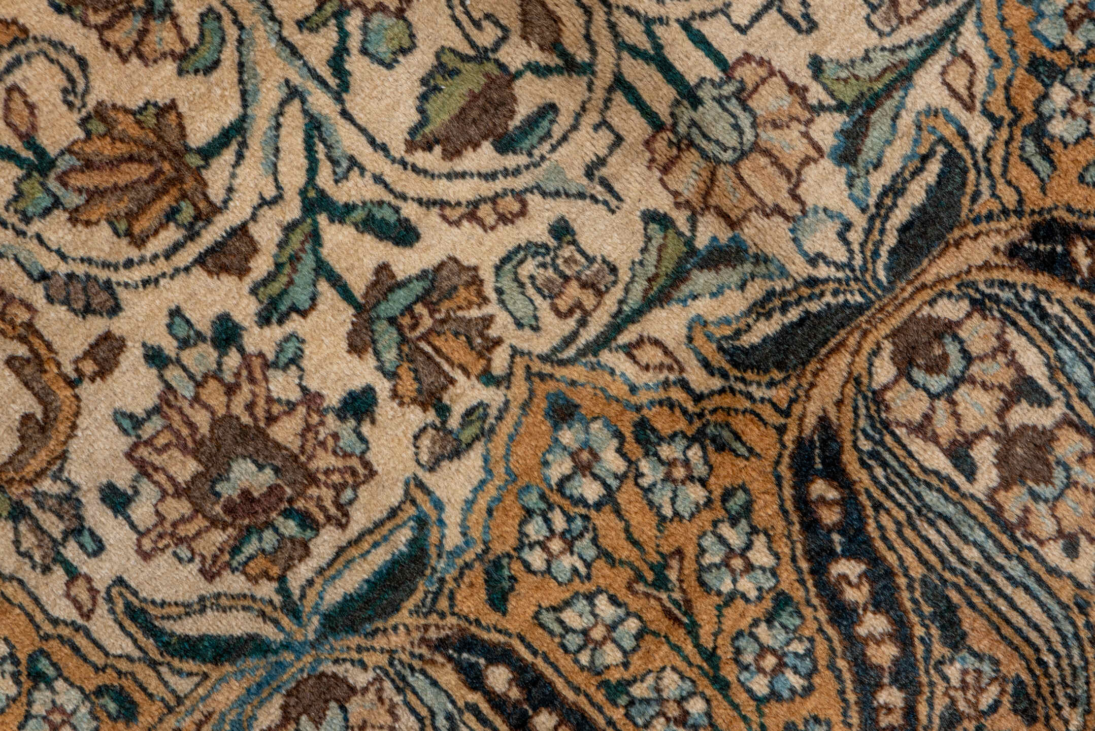 7' x 9' one-of-a-kind handmade vintage Kerman rug. Color palette: ivory, blue, camel, brown, taupe, charcoal, sage, beige