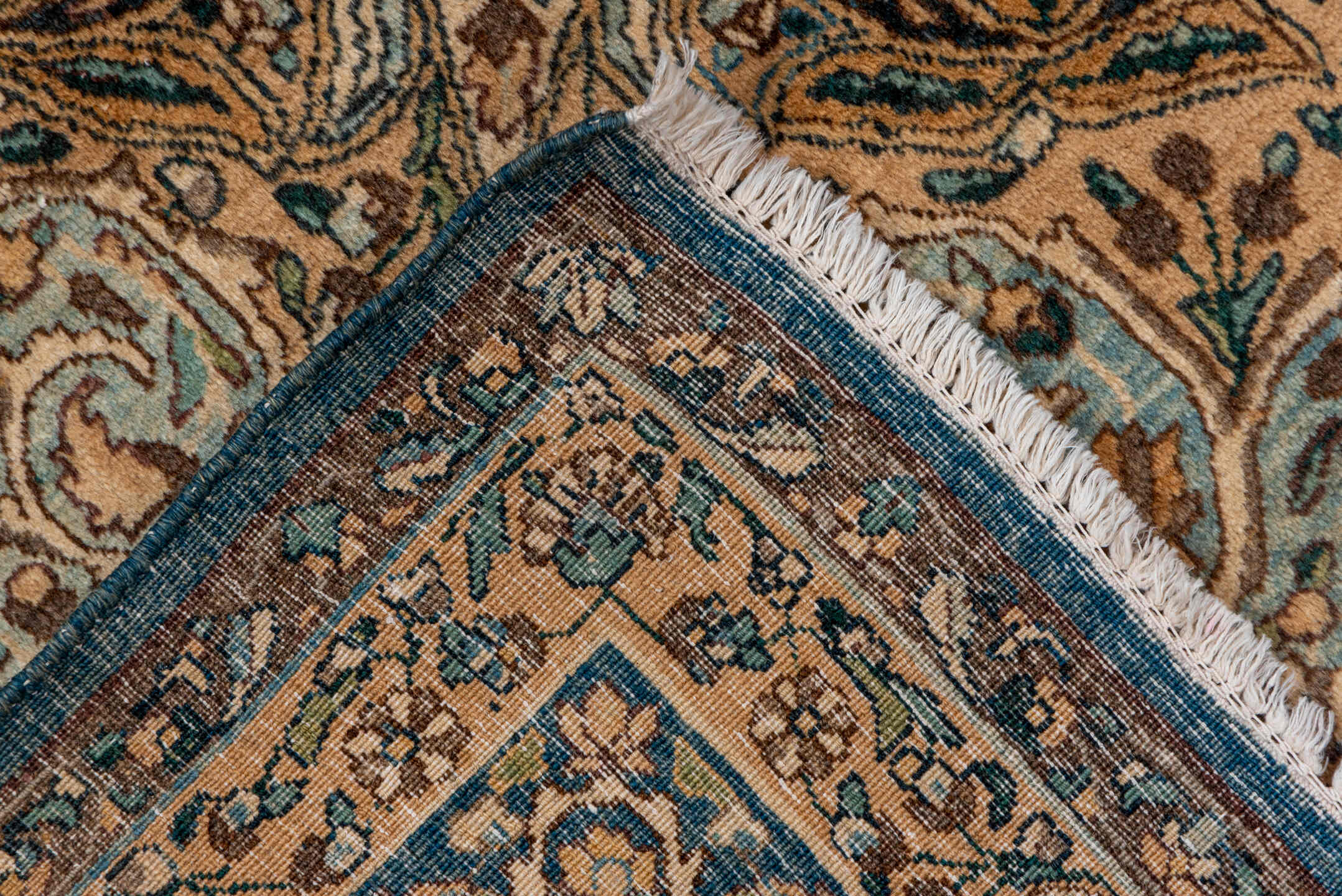7' x 9' one-of-a-kind handmade vintage Kerman rug. Color palette: ivory, blue, camel, brown, taupe, charcoal, sage, beige