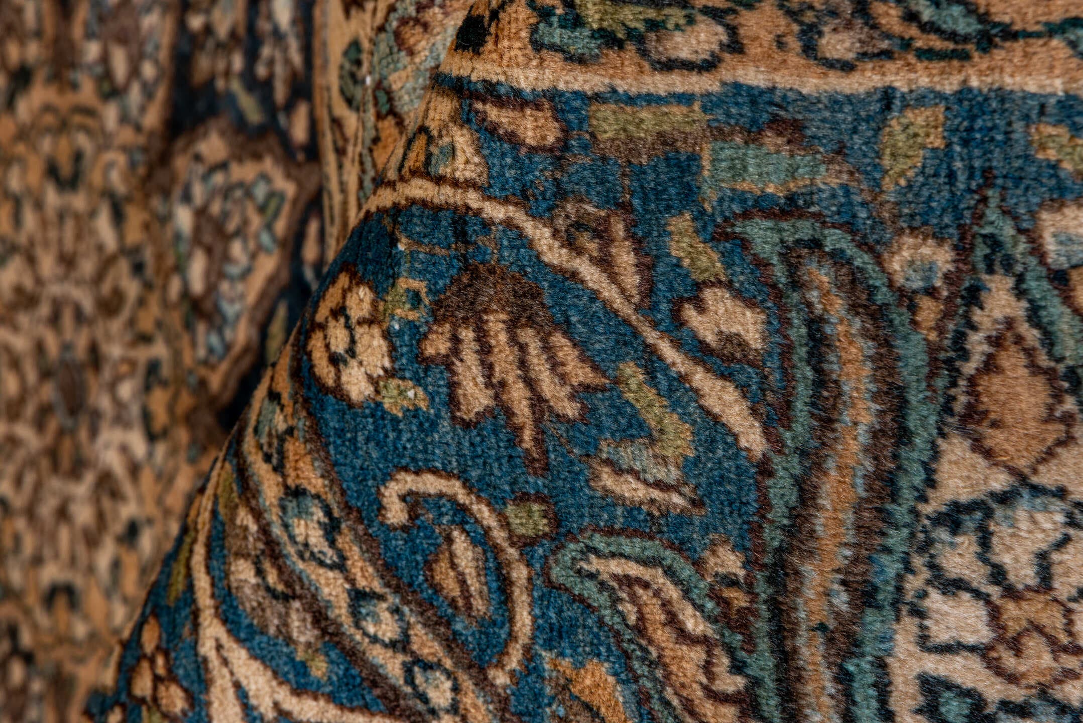7' x 9' one-of-a-kind handmade vintage Kerman rug. Color palette: ivory, blue, camel, brown, taupe, charcoal, sage, beige