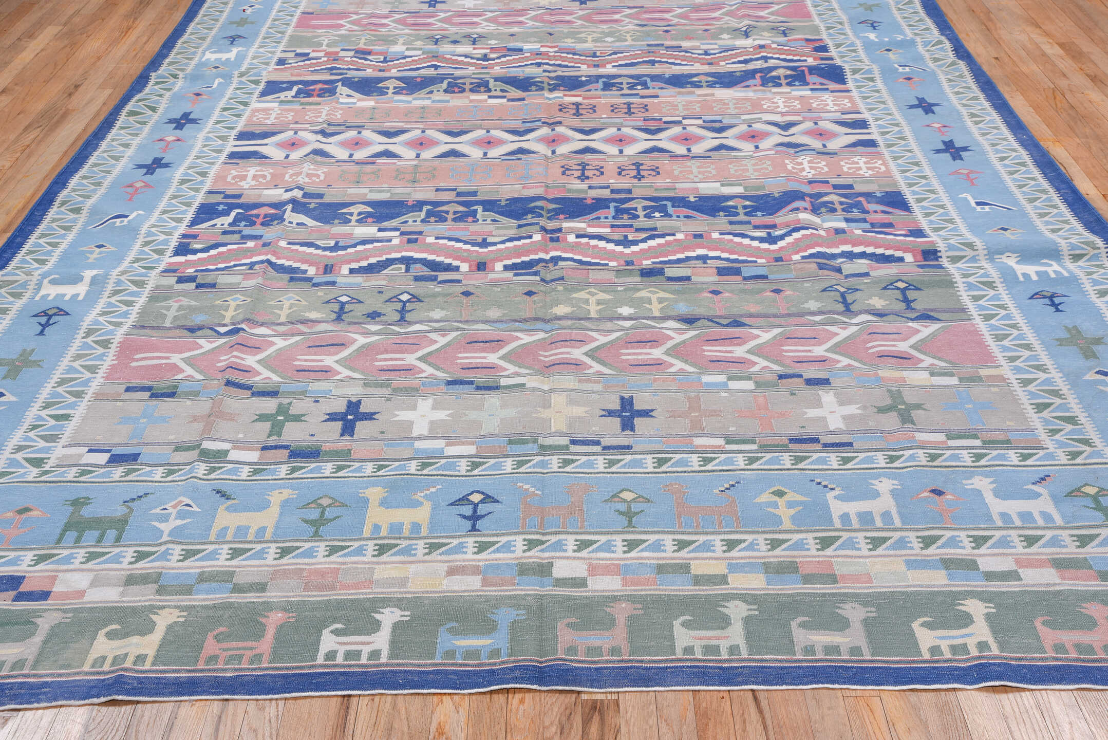 9' x 11' one-of-a-kind handmade antique Dhurrie large size rug. Color palette: sky blue, blush, navy, ivory, sage