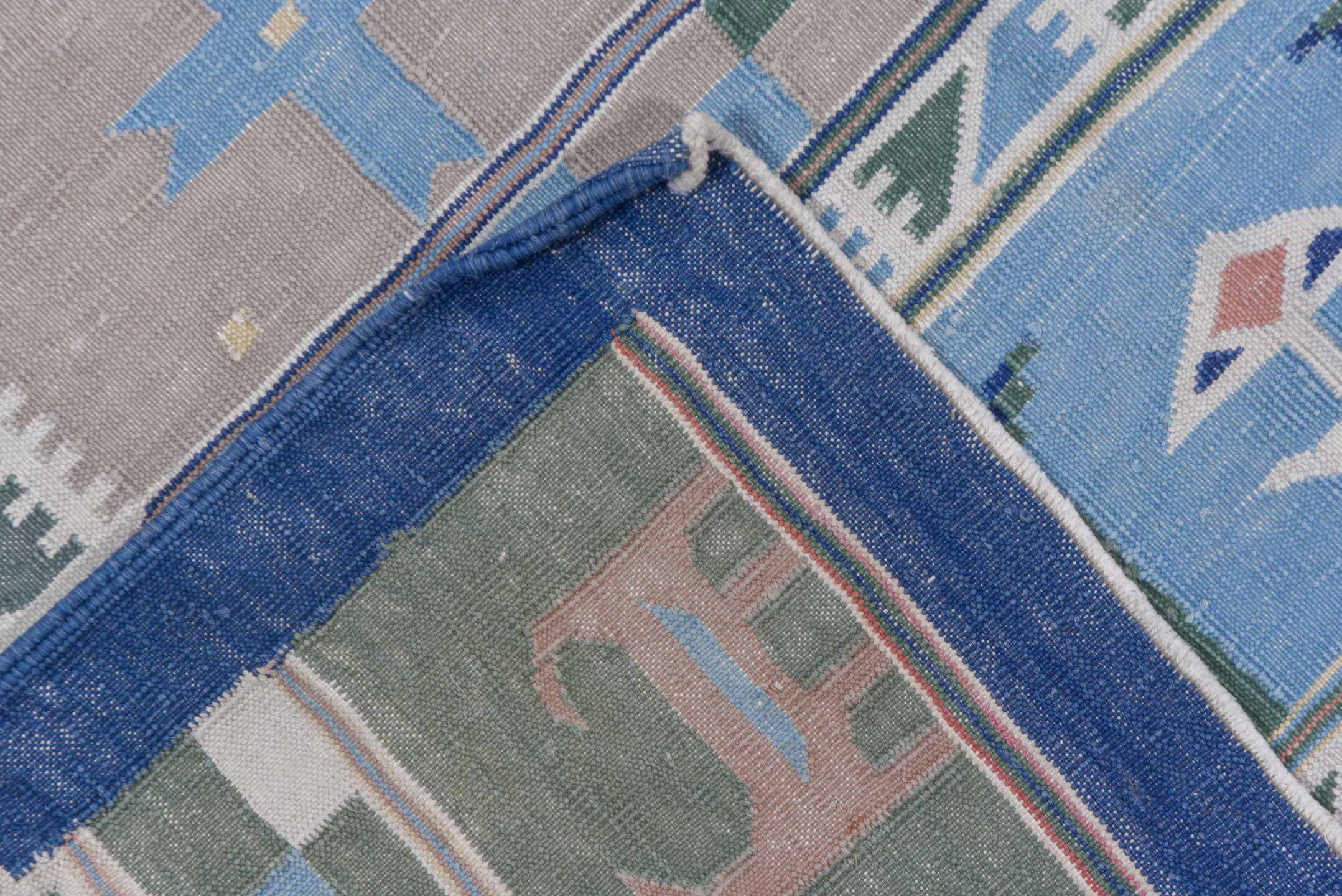 9' x 11' one-of-a-kind handmade antique Dhurrie large size rug. Color palette: sky blue, blush, navy, ivory, sage