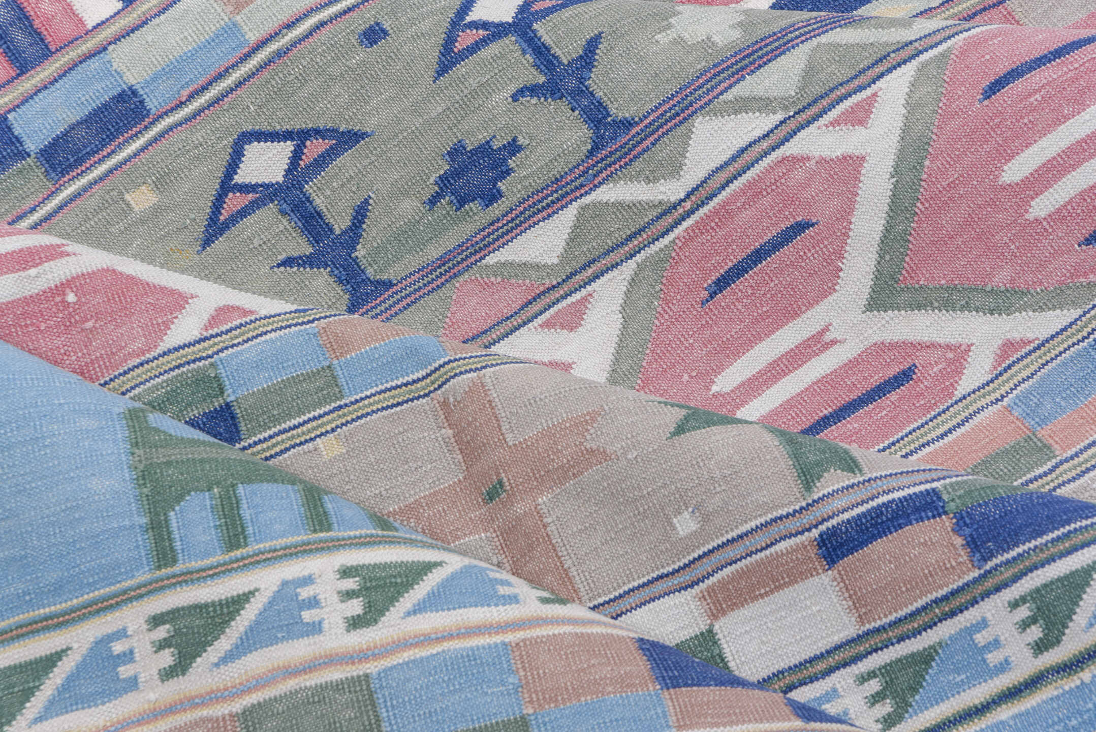 9' x 11' one-of-a-kind handmade antique Dhurrie large size rug. Color palette: sky blue, blush, navy, ivory, sage