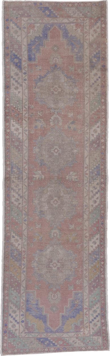 3' x 10' one-of-a-kind handmade vintage Oushak runner rug. Color palette: rose, taupe, ivory, lavender, sage, dusty blue