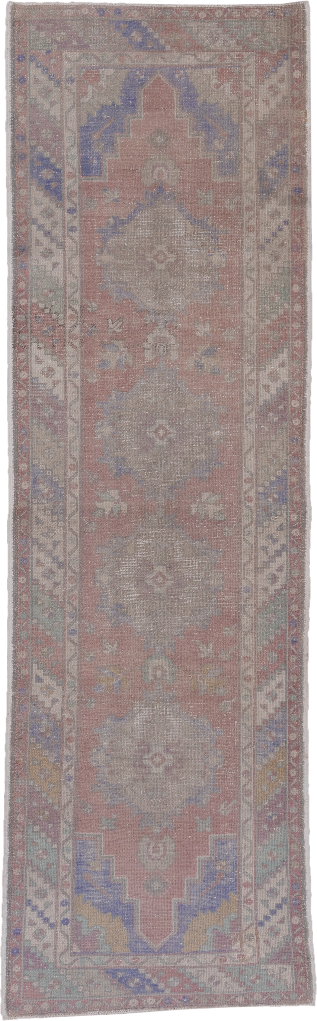 3' x 10' one-of-a-kind handmade vintage Oushak runner rug. Color palette: rose, taupe, ivory, lavender, sage, dusty blue