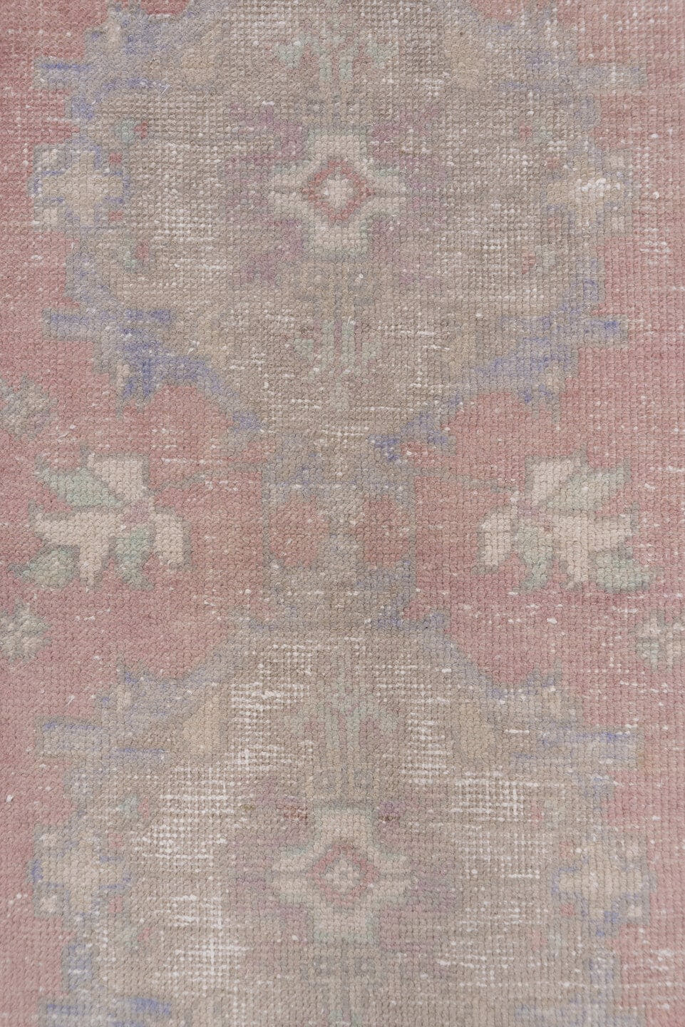 3' x 10' one-of-a-kind handmade vintage Oushak runner rug. Color palette: rose, taupe, ivory, lavender, sage, dusty blue