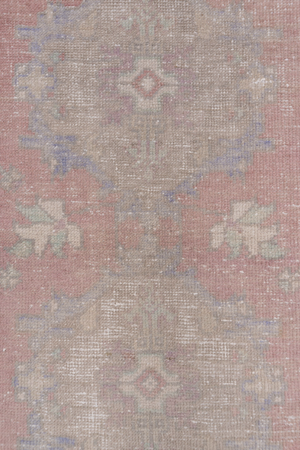 3' x 10' one-of-a-kind handmade vintage Oushak runner rug. Color palette: rose, taupe, ivory, lavender, sage, dusty blue