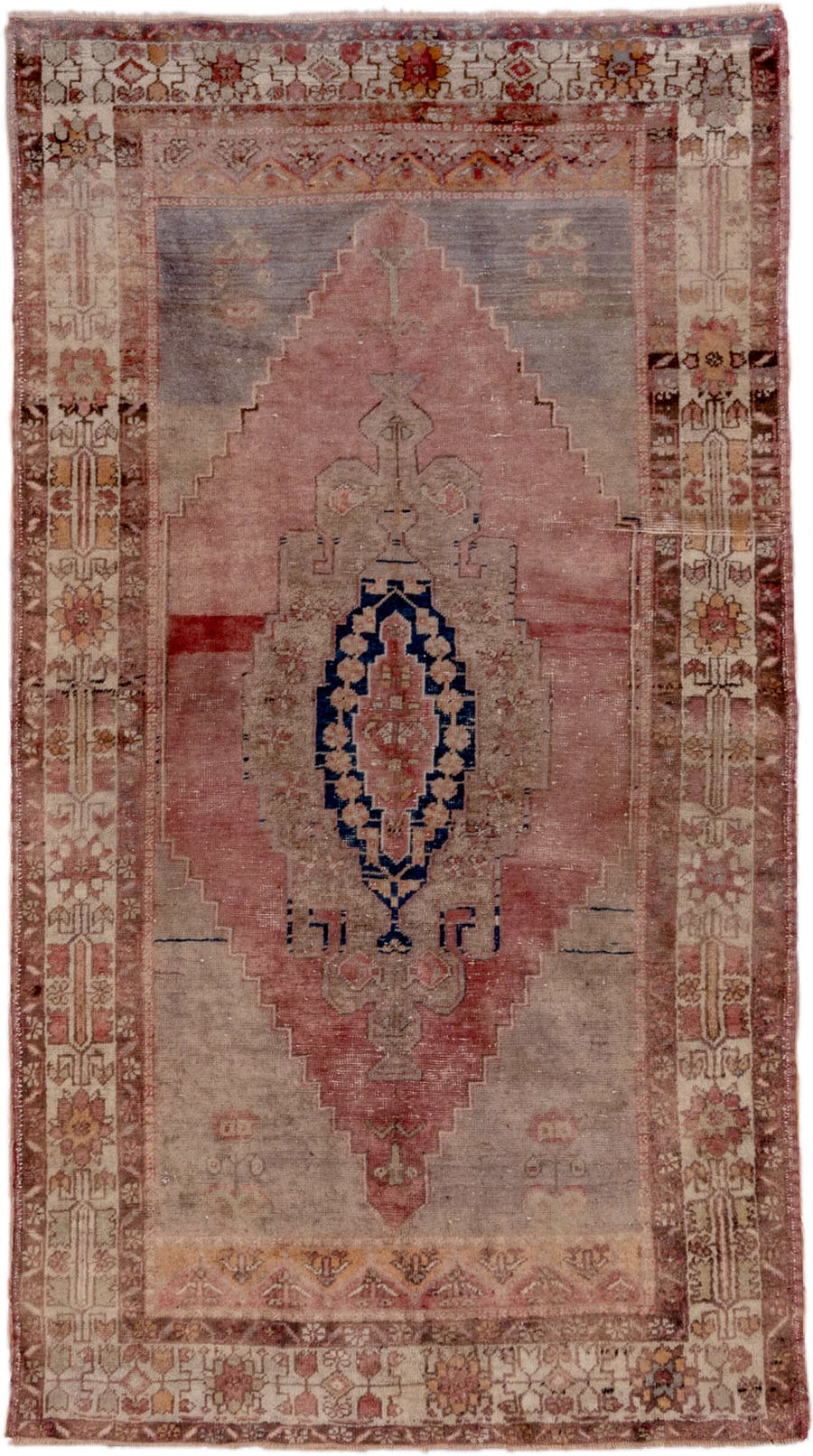 4' x 7' one-of-a-kind handmade vintage Oushak rug. Color palette: rose, ivory, taupe, dusty blue, indigo, terra cotta