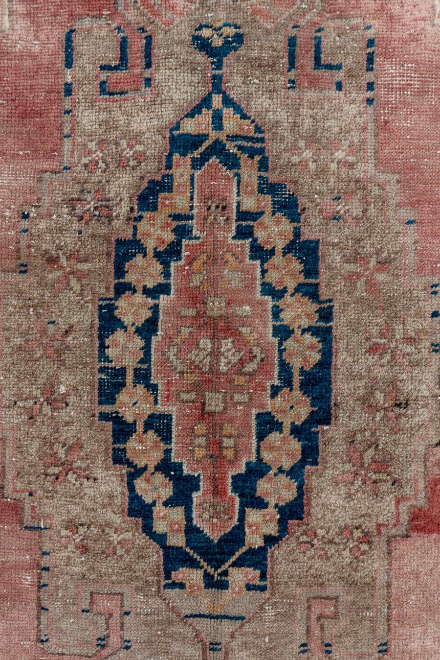 4' x 7' one-of-a-kind handmade vintage Oushak rug. Color palette: rose, ivory, taupe, dusty blue, indigo, terra cotta