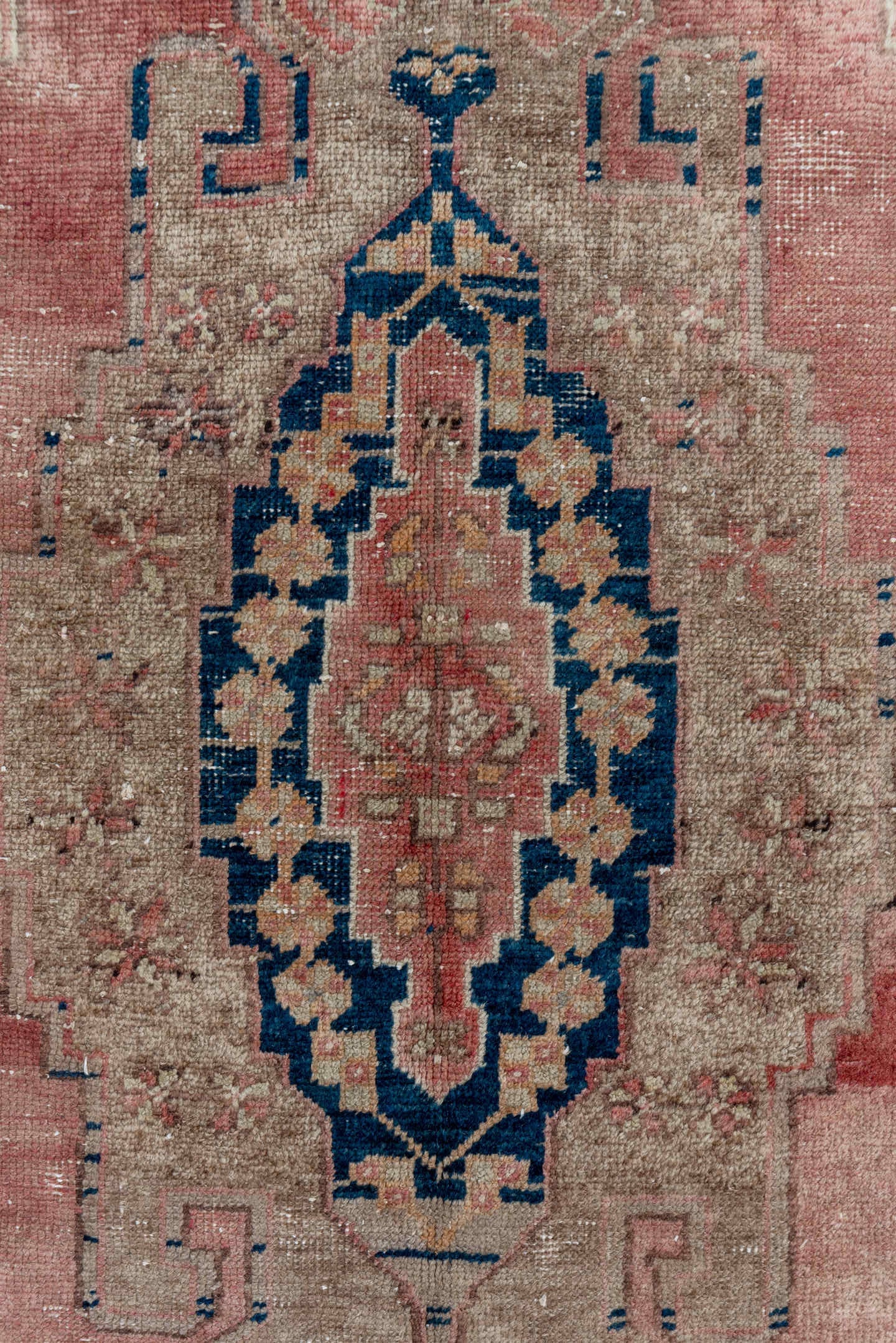 4' x 7' one-of-a-kind handmade vintage Oushak rug. Color palette: rose, ivory, taupe, dusty blue, indigo, terra cotta