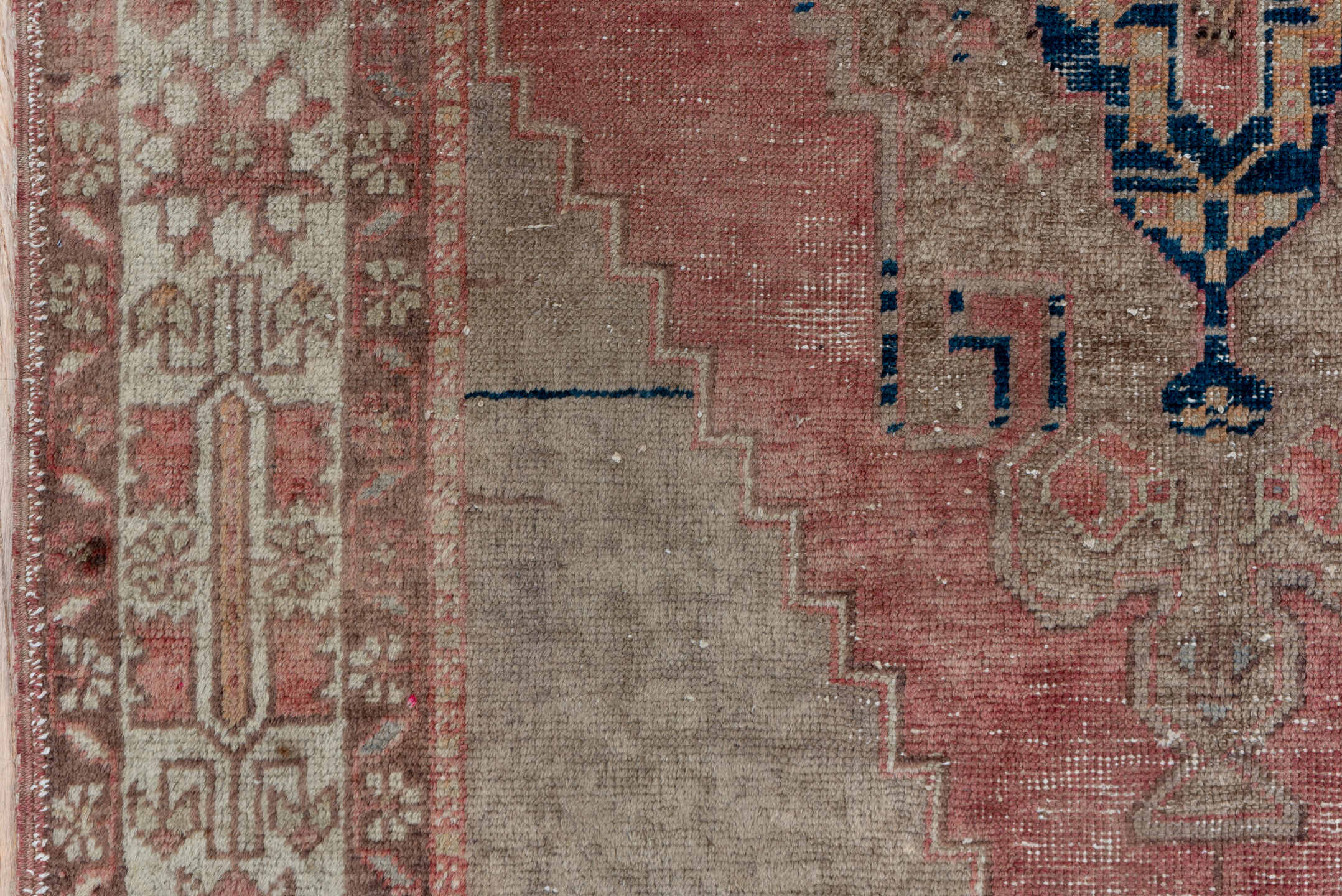 4' x 7' one-of-a-kind handmade vintage Oushak rug. Color palette: rose, ivory, taupe, dusty blue, indigo, terra cotta