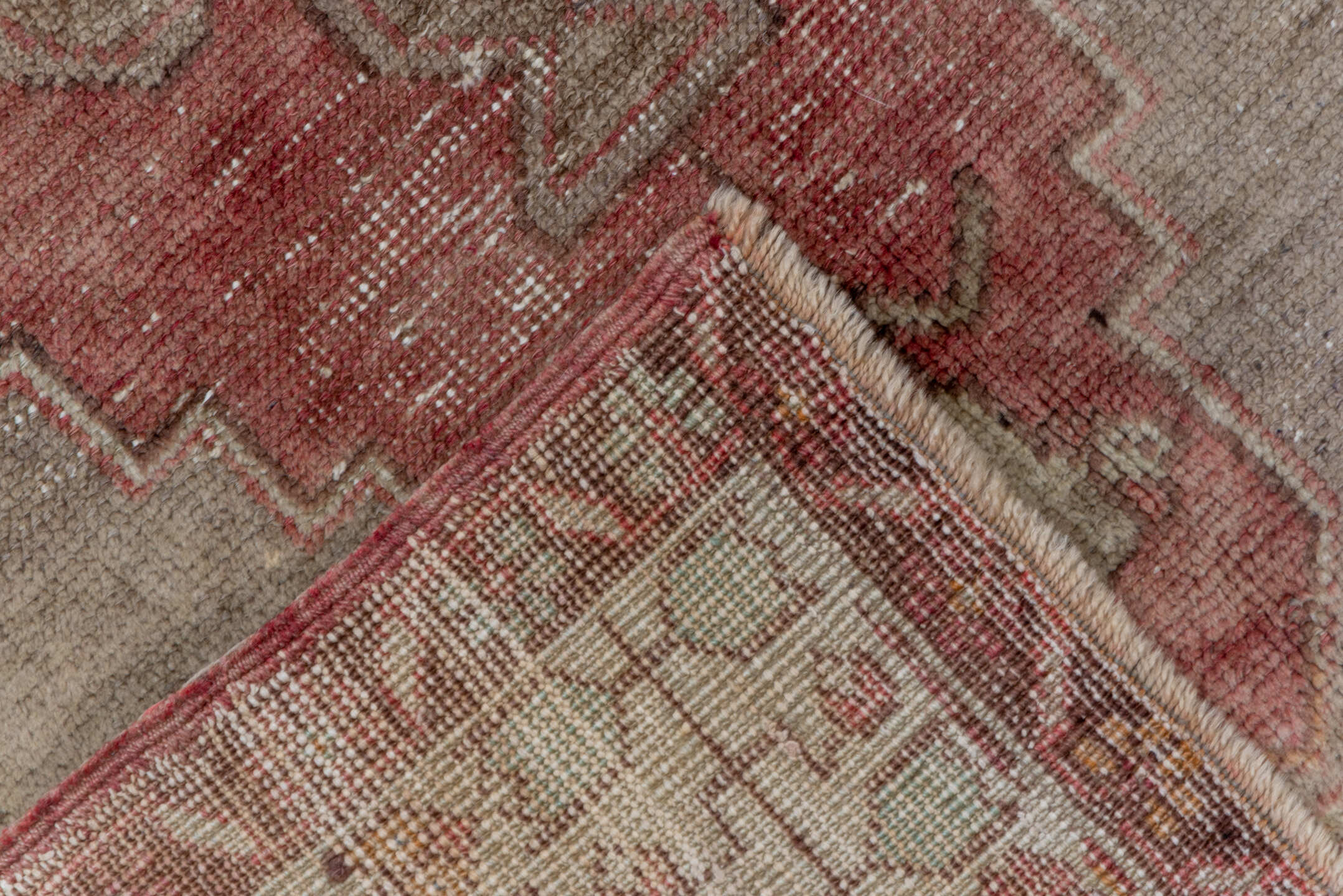 4' x 7' one-of-a-kind handmade vintage Oushak rug. Color palette: rose, ivory, taupe, dusty blue, indigo, terra cotta