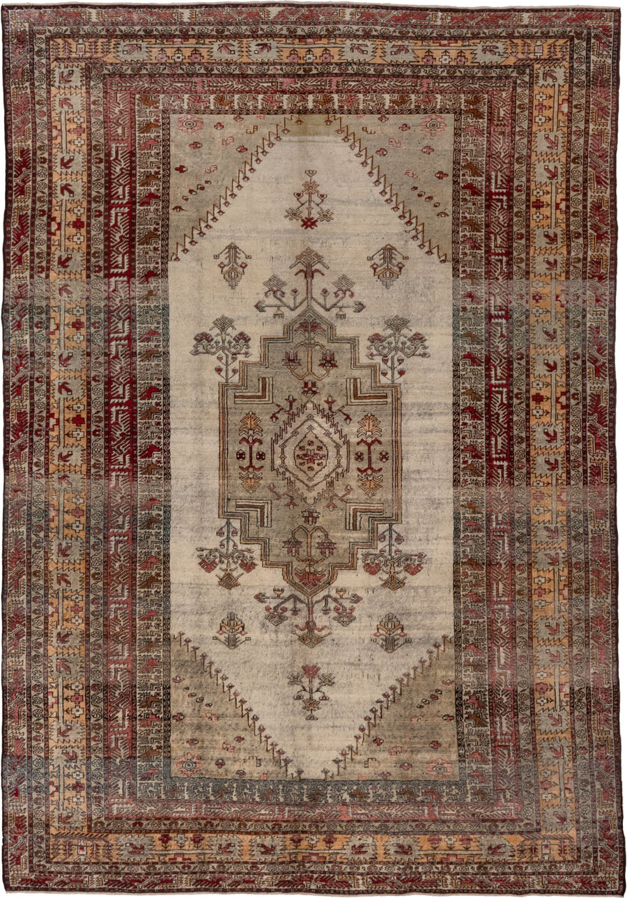 6' x 9' one-of-a-kind handmade vintage Oushak medium size rug. Color palette: ivory, rust, burgundy, taupe, gold, brown