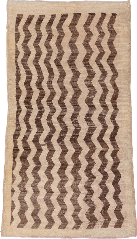 3' x 6' one-of-a-kind handmade vintage Tulu small size rug. Color palette: brown, gray, light gray, off-white, orange, pink