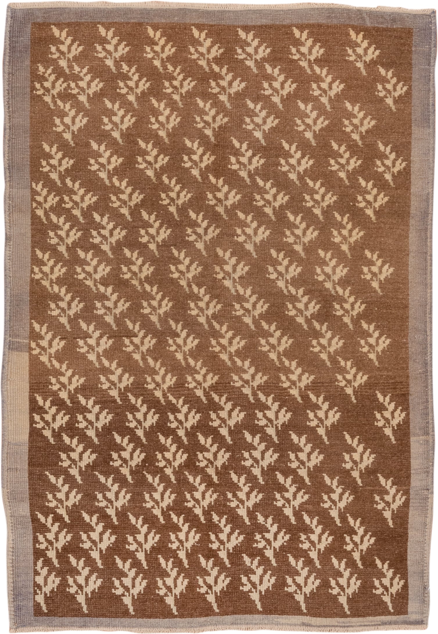 3' x 4' one-of-a-kind handmade vintage Tulu small size rug. Color palette: brown, ivory, taupe, camel, beige, gray