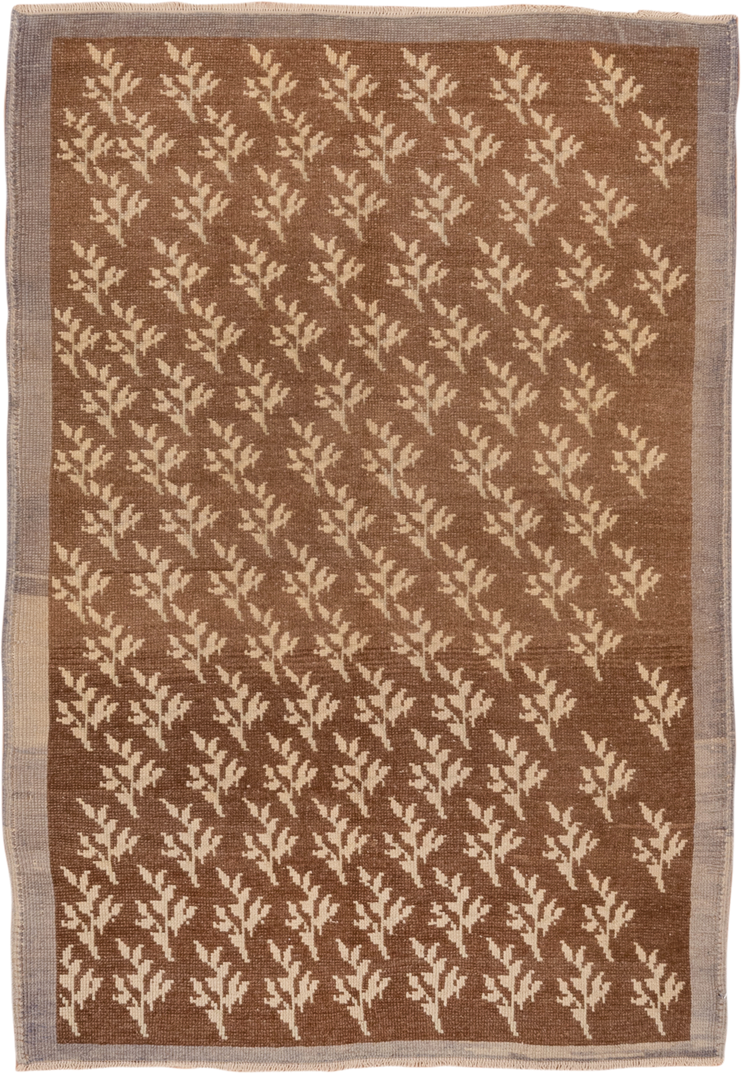 3' x 4' one-of-a-kind handmade vintage Tulu small size rug. Color palette: brown, ivory, taupe, camel, beige, gray