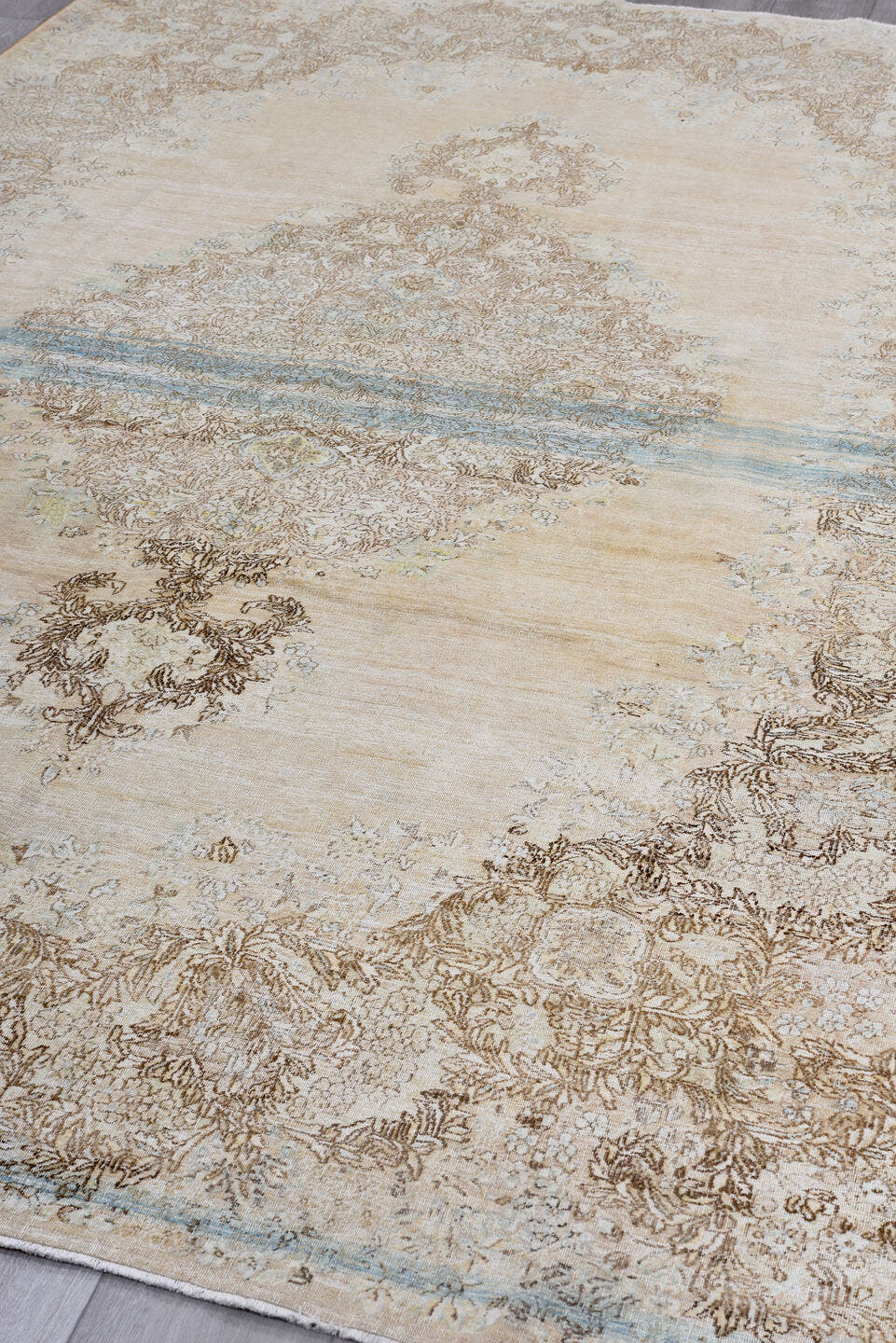6' x 10' one-of-a-kind handmade antique Kerman large size rug. Color palette: ivory, beige, taupe, sky blue, camel, cream