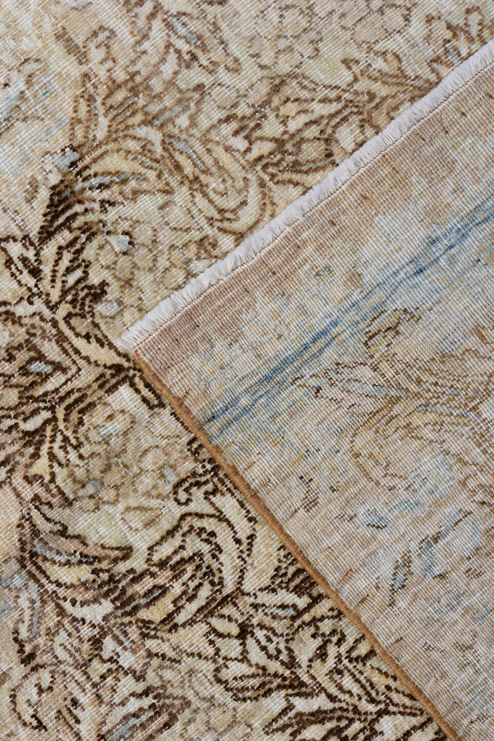 6' x 10' one-of-a-kind handmade antique Kerman large size rug. Color palette: ivory, beige, taupe, sky blue, camel, cream