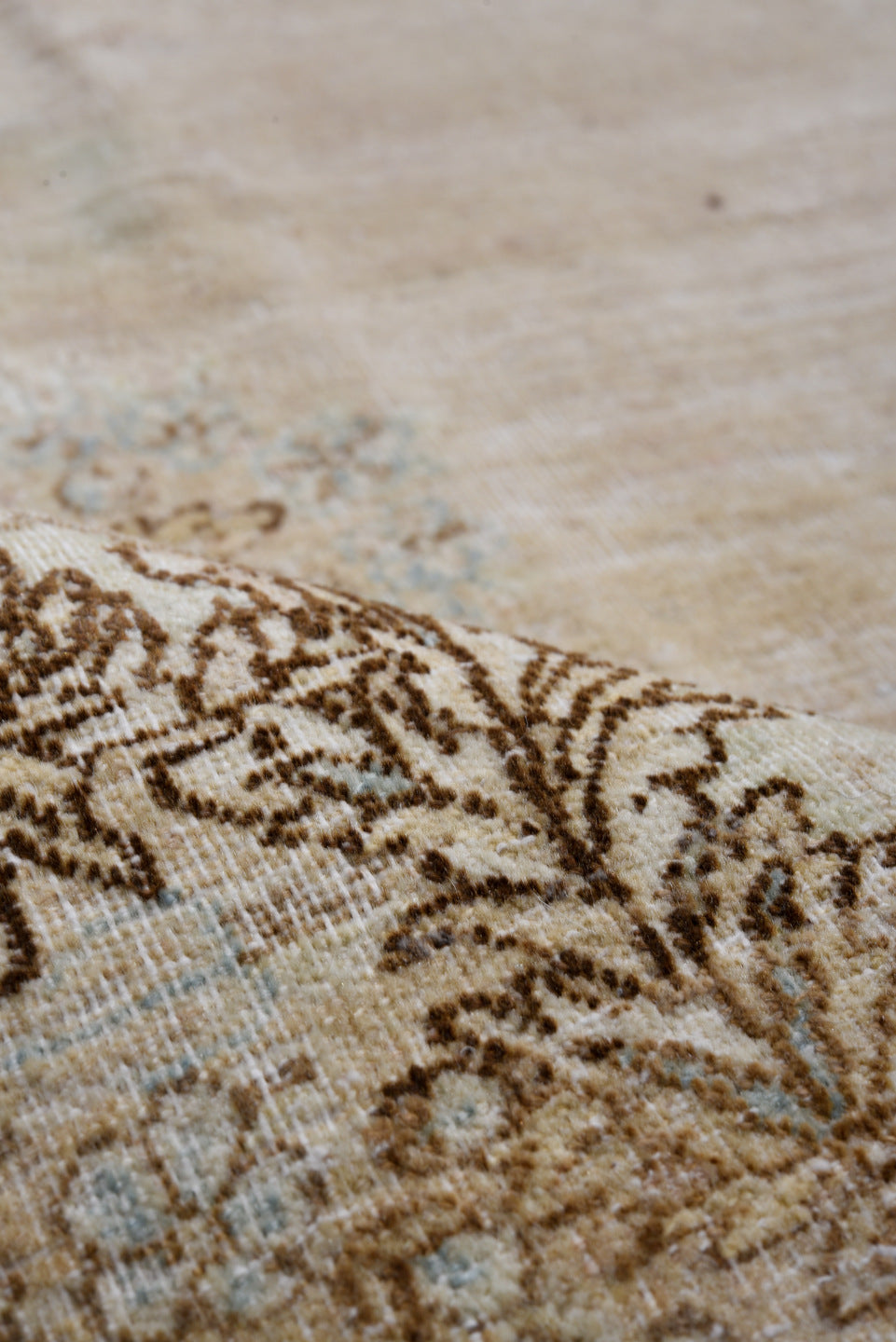 6' x 10' one-of-a-kind handmade vintage Kerman large size rug. Color palette: brown, burlywood, off-white, orange, snow, tan