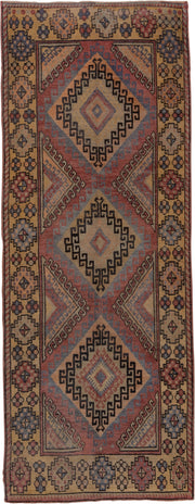 4' x 10' one-of-a-kind handmade vintage Oushak runner rug. Color palette: camel, rust, blue, ivory, charcoal, rose, taupe