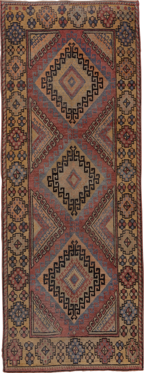 4' x 10' one-of-a-kind handmade vintage Oushak runner rug. Color palette: black, brown, gray, red