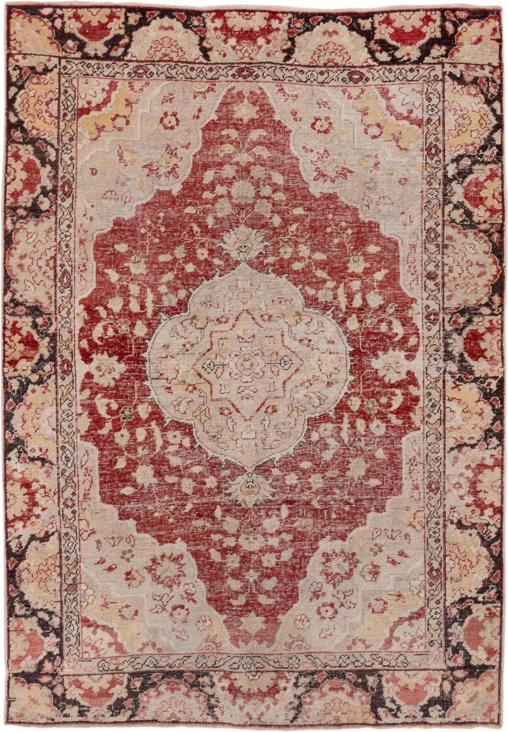 5' x 7' one-of-a-kind handmade vintage Oushak rug. Color palette: ivory, rust, blush, charcoal, cream, rose, terracotta