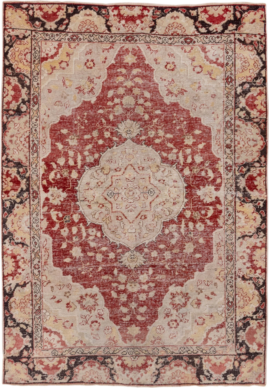 5' x 7' one-of-a-kind handmade vintage Oushak rug. Color palette: ivory, rust, blush, charcoal, cream, rose, terracotta