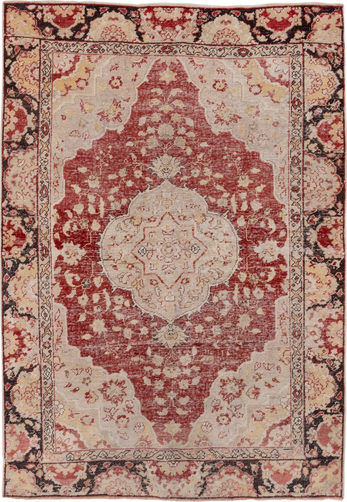 5' x 7' one-of-a-kind handmade vintage Oushak rug. Color palette: brown, gray, light gray, off-white, orange, pink, red