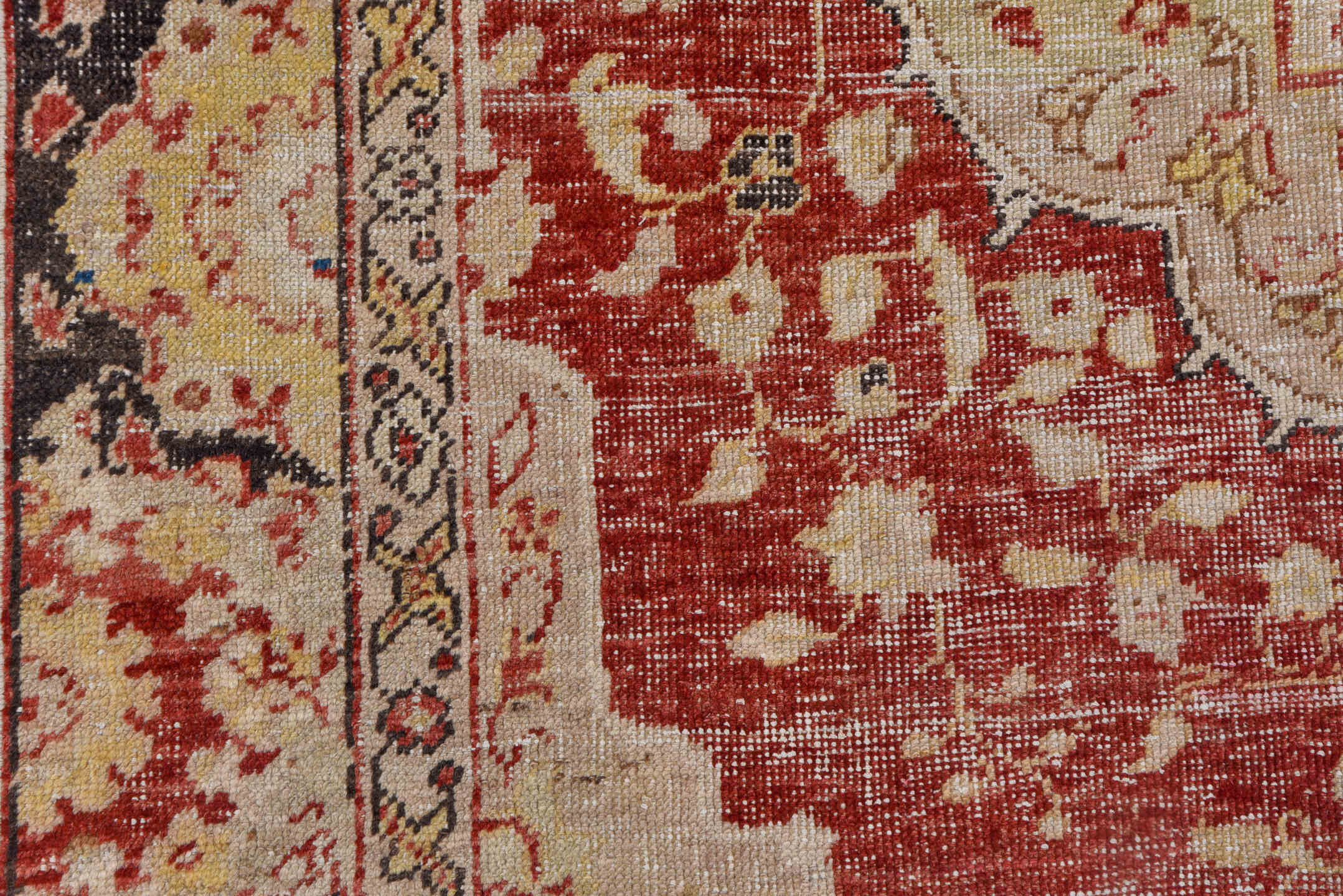 5' x 7' one-of-a-kind handmade vintage Oushak rug. Color palette: brown, gray, light gray, off-white, orange, pink, red