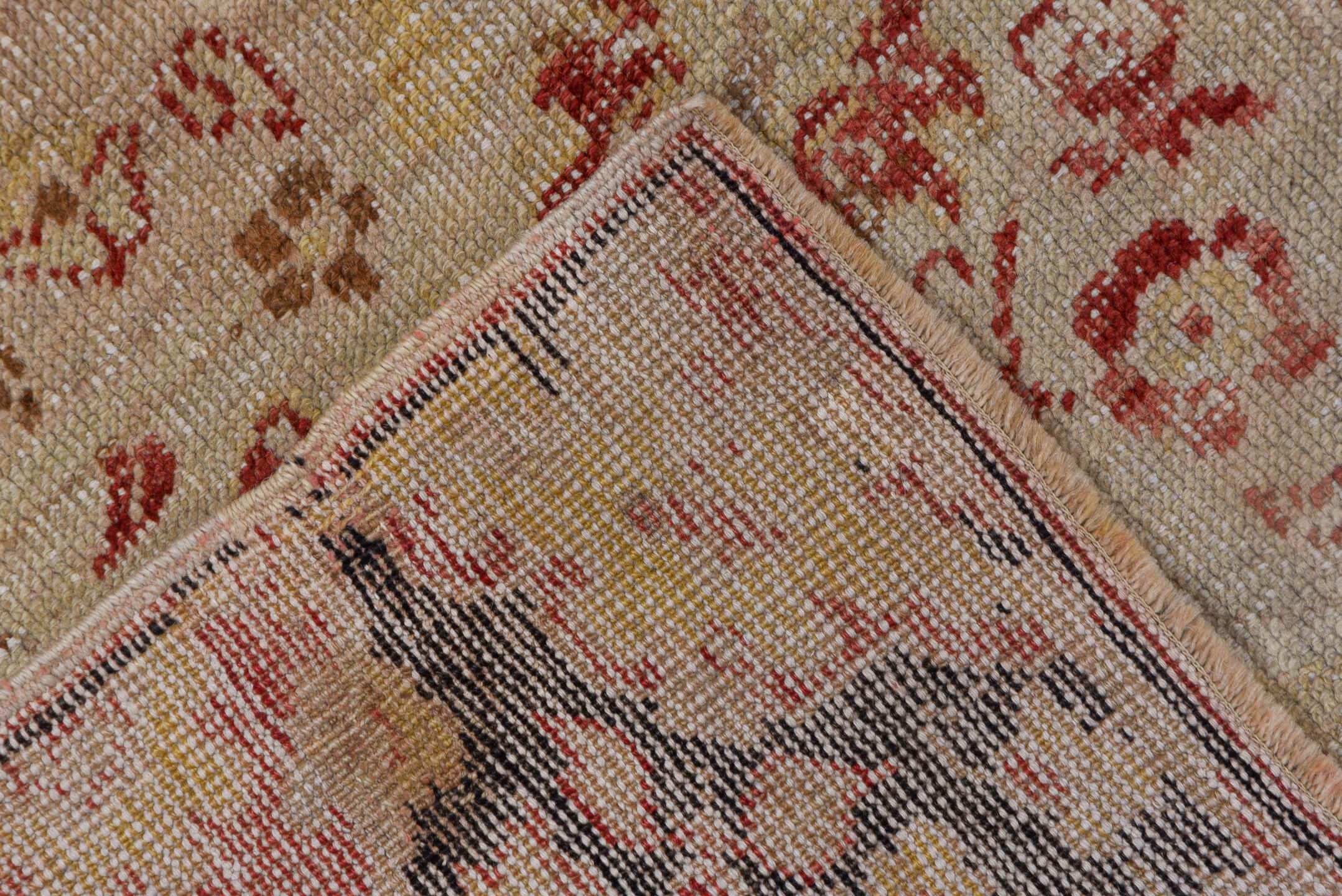 5' x 7' one-of-a-kind handmade vintage Oushak rug. Color palette: brown, gray, light gray, off-white, orange, pink, red
