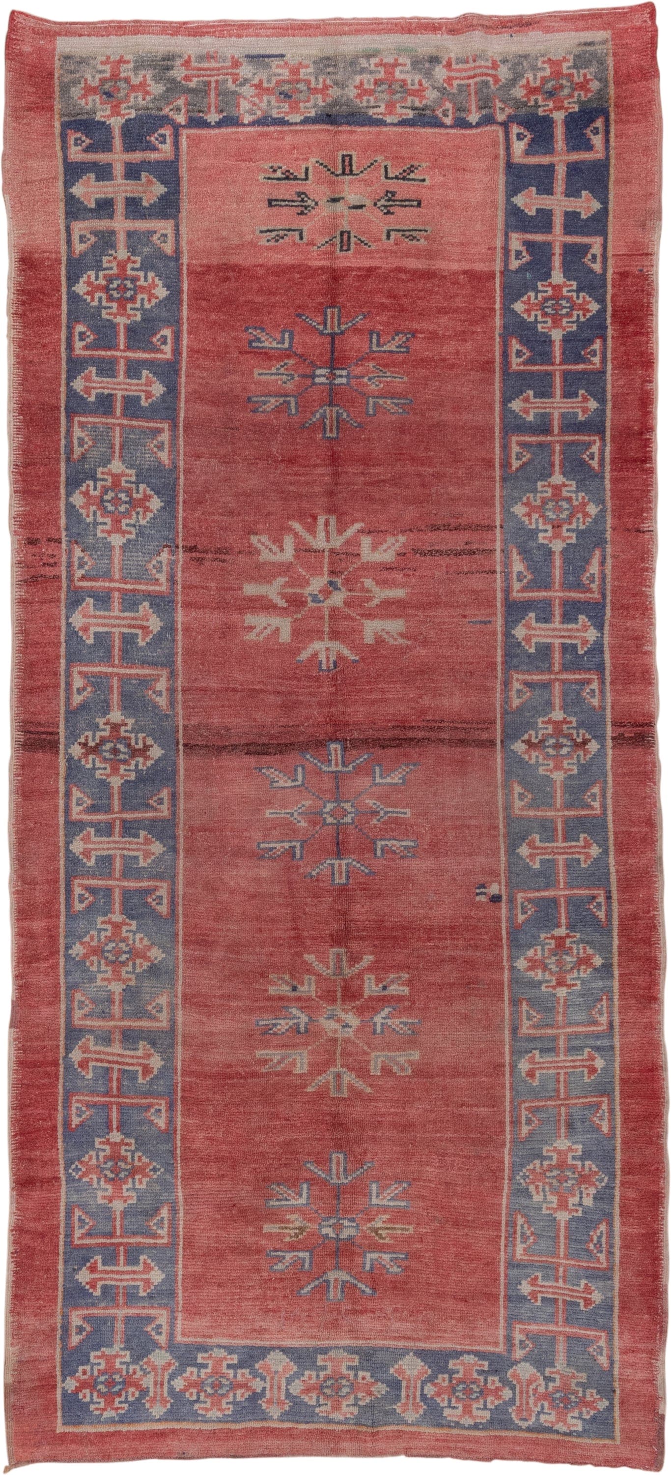 4' x 10' one-of-a-kind handmade vintage Oushak runner rug. Color palette: terra cotta, slate, ivory, rose, dusty blue, taupe