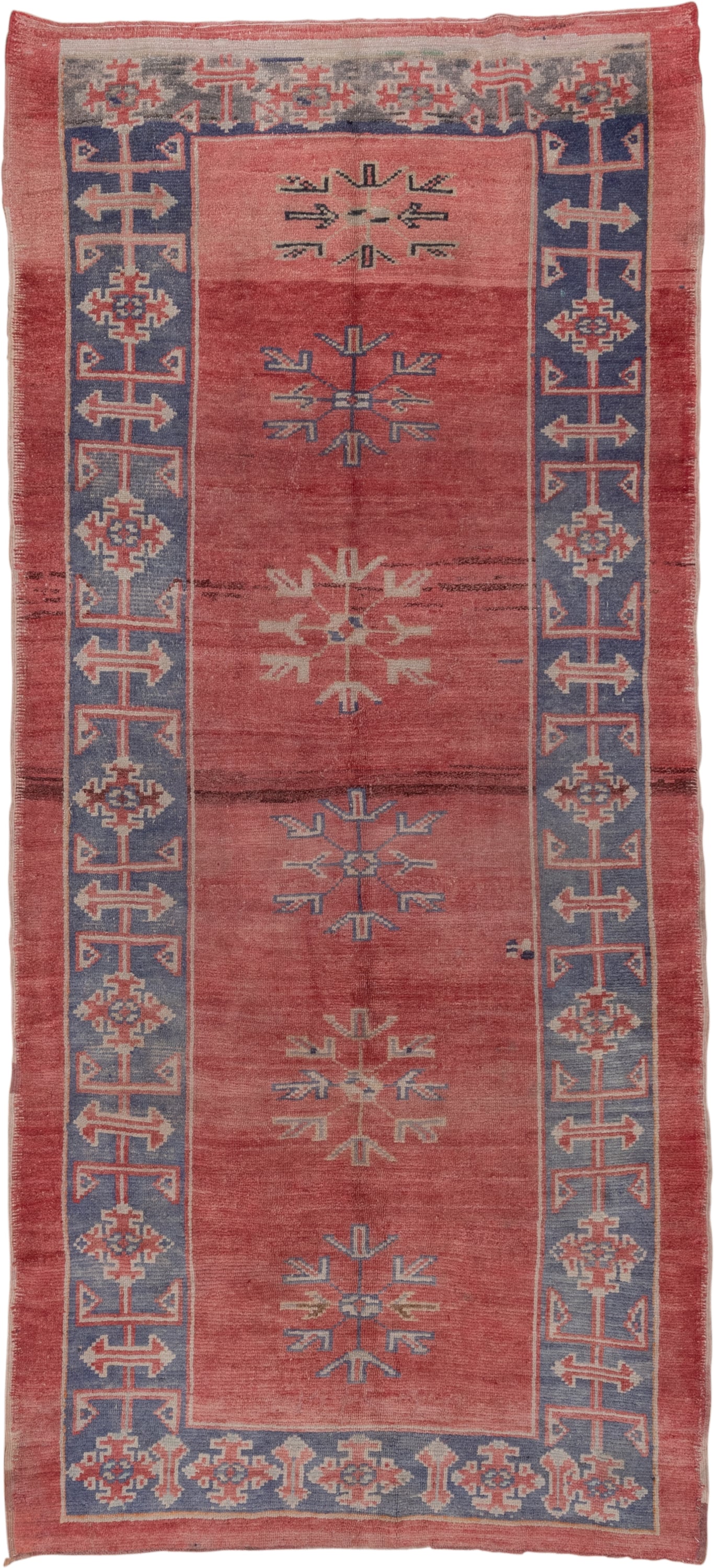 4' x 10' one-of-a-kind handmade vintage Oushak runner rug. Color palette: terra cotta, slate, ivory, rose, dusty blue, taupe