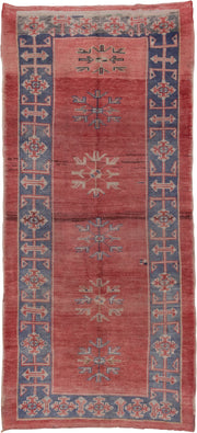 4' x 10' one-of-a-kind handmade vintage Oushak runner rug. Color palette: terra cotta, slate, ivory, rose, dusty blue, taupe