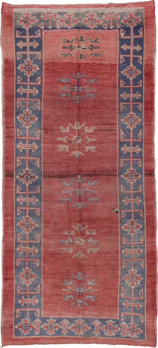 4' x 10' one-of-a-kind handmade vintage Oushak runner rug. Color palette: terra cotta, slate, ivory, rose, dusty blue, taupe