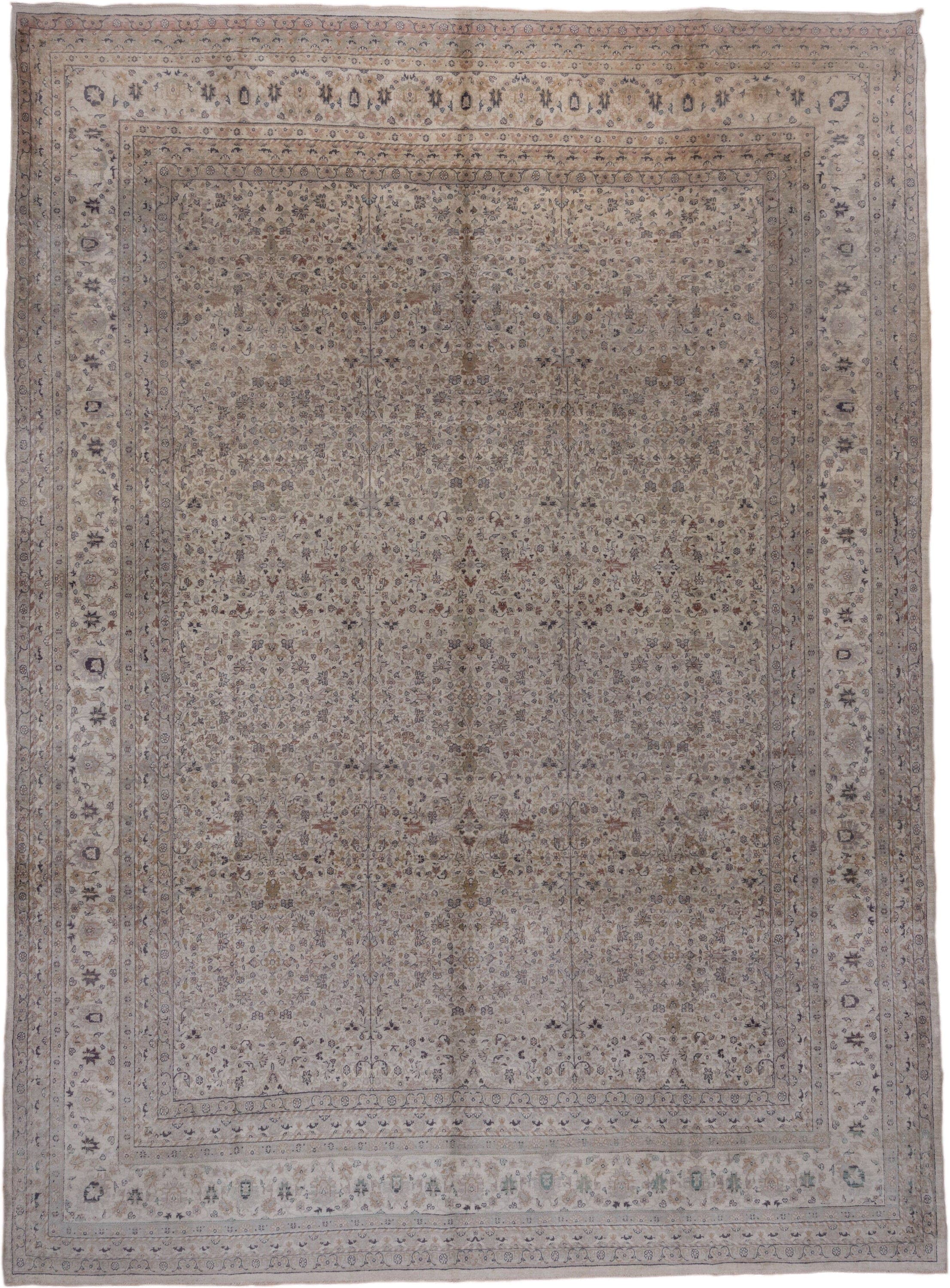 10' x 13' one-of-a-kind handmade vintage large size rug. Color palette: ivory, taupe, beige, soft blue, rose, brown, sage