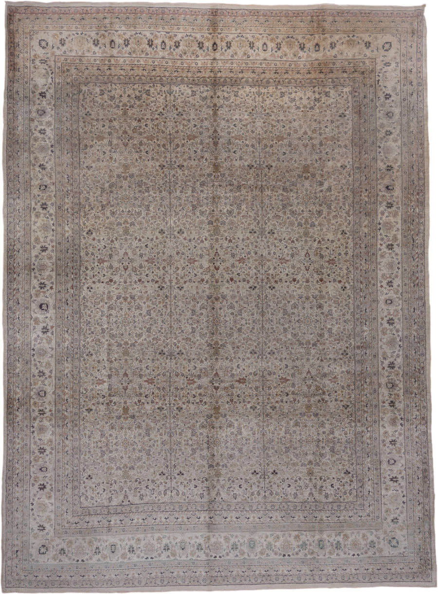 10' x 13' one-of-a-kind handmade vintage  large size rug. Color palette: ivory, taupe, beige, soft blue, rose, brown, sage