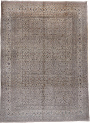 10' x 13' one-of-a-kind handmade vintage large size rug. Color palette: ivory, taupe, beige, soft blue, rose, brown, sage