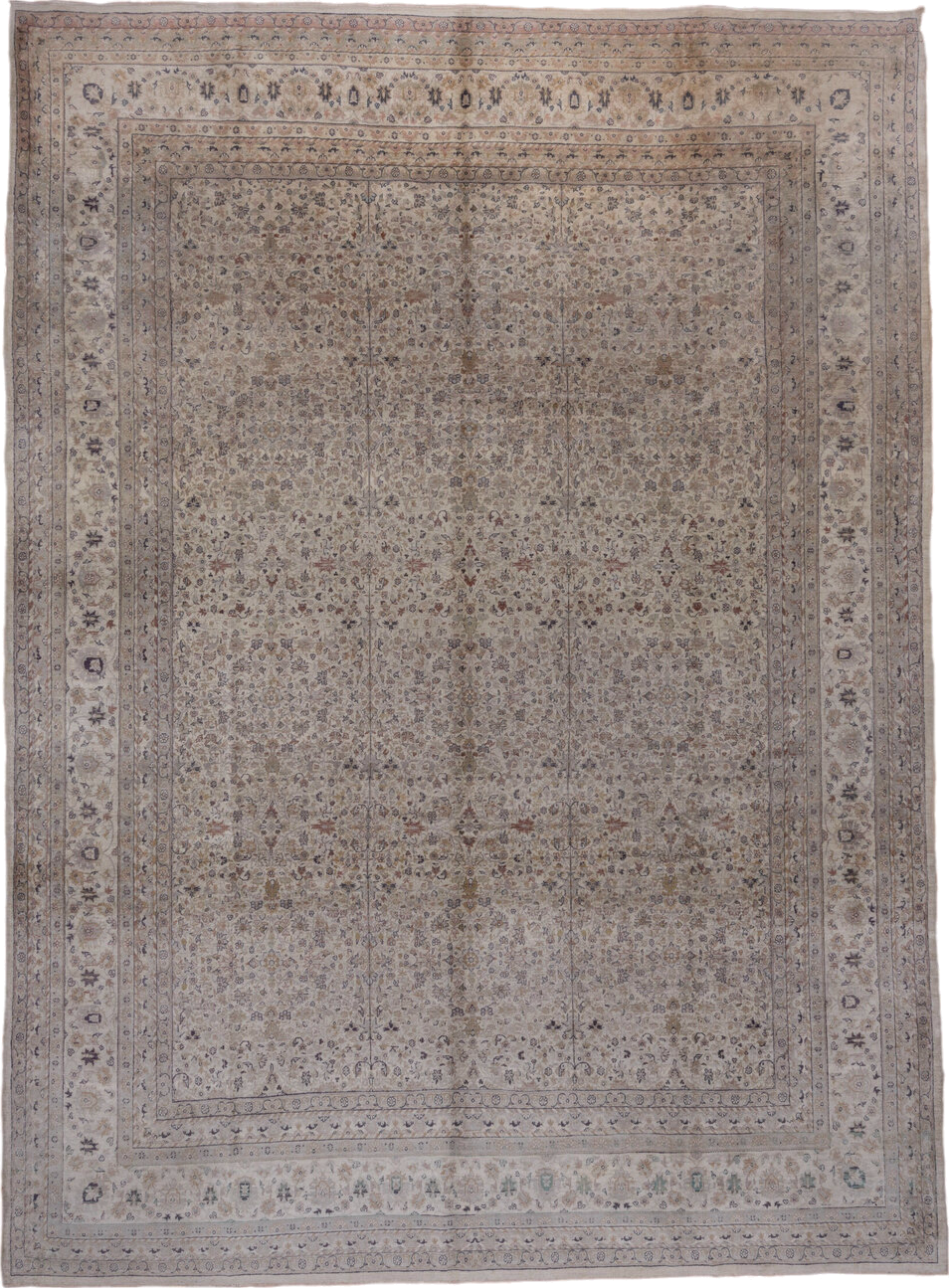 10' x 13' one-of-a-kind handmade vintage  large size rug. Color palette: ivory, taupe, beige, soft blue, rose, brown, sage