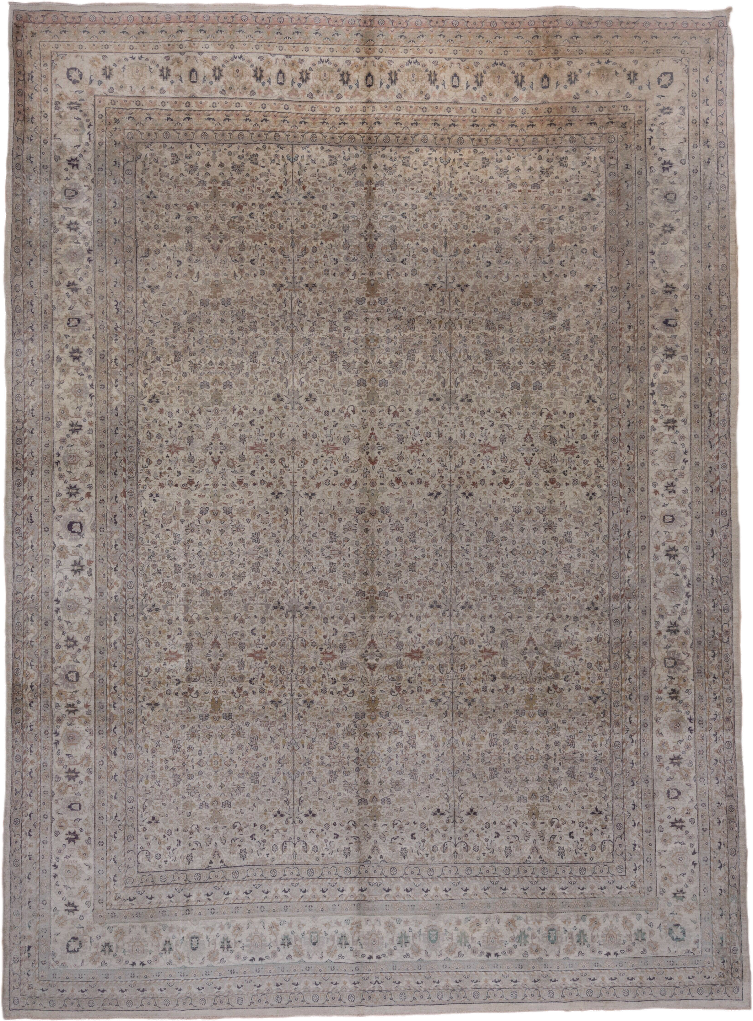 10' x 13' one-of-a-kind handmade vintage  large size rug. Color palette: ivory, taupe, beige, soft blue, rose, brown, sage