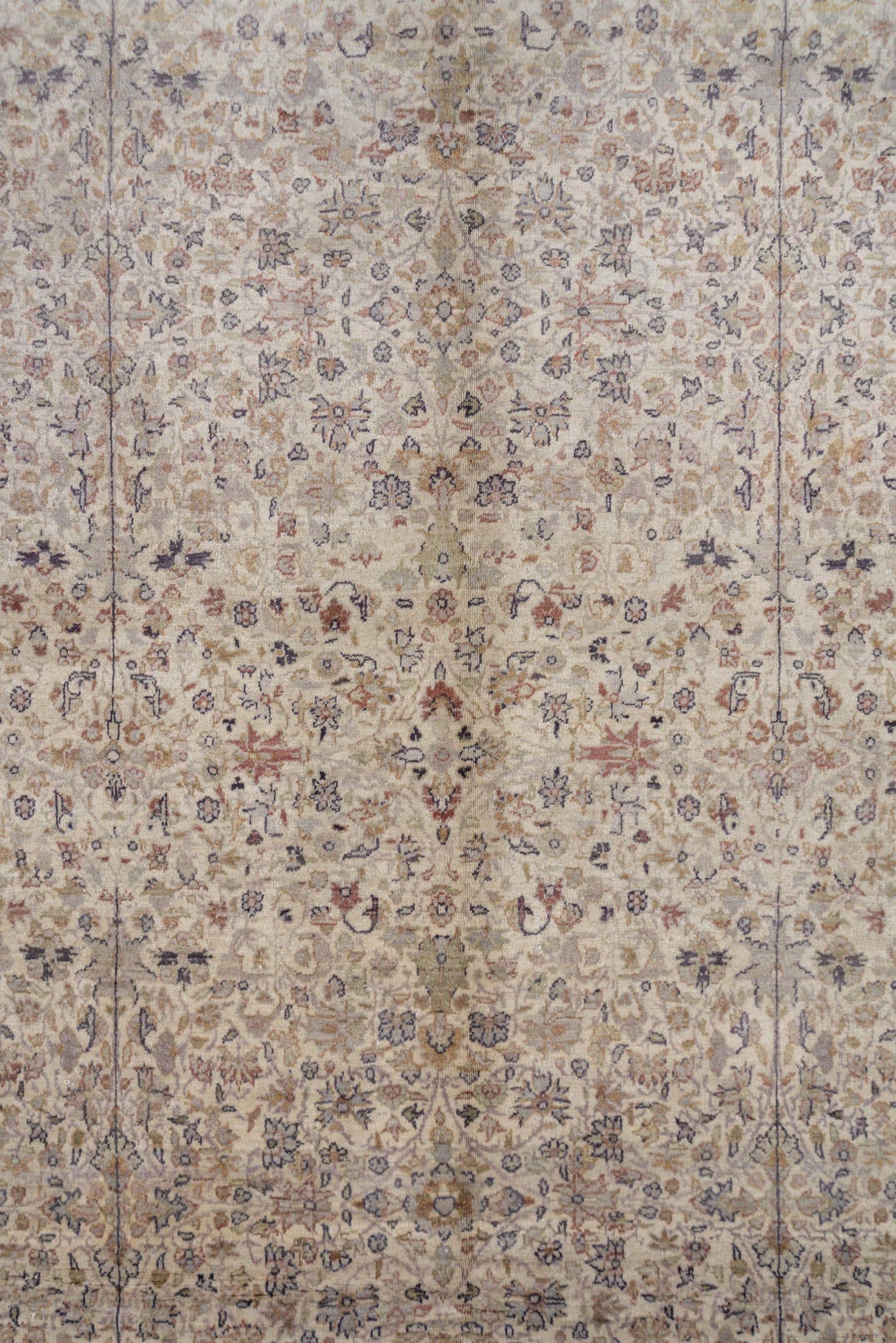 10' x 13' one-of-a-kind handmade vintage large size rug. Color palette: ivory, taupe, beige, soft blue, rose, brown, sage
