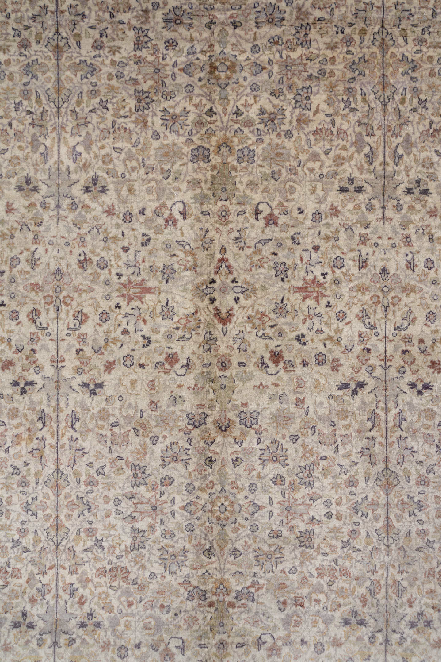 10' x 13' one-of-a-kind handmade vintage  large size rug. Color palette: ivory, taupe, beige, soft blue, rose, brown, sage