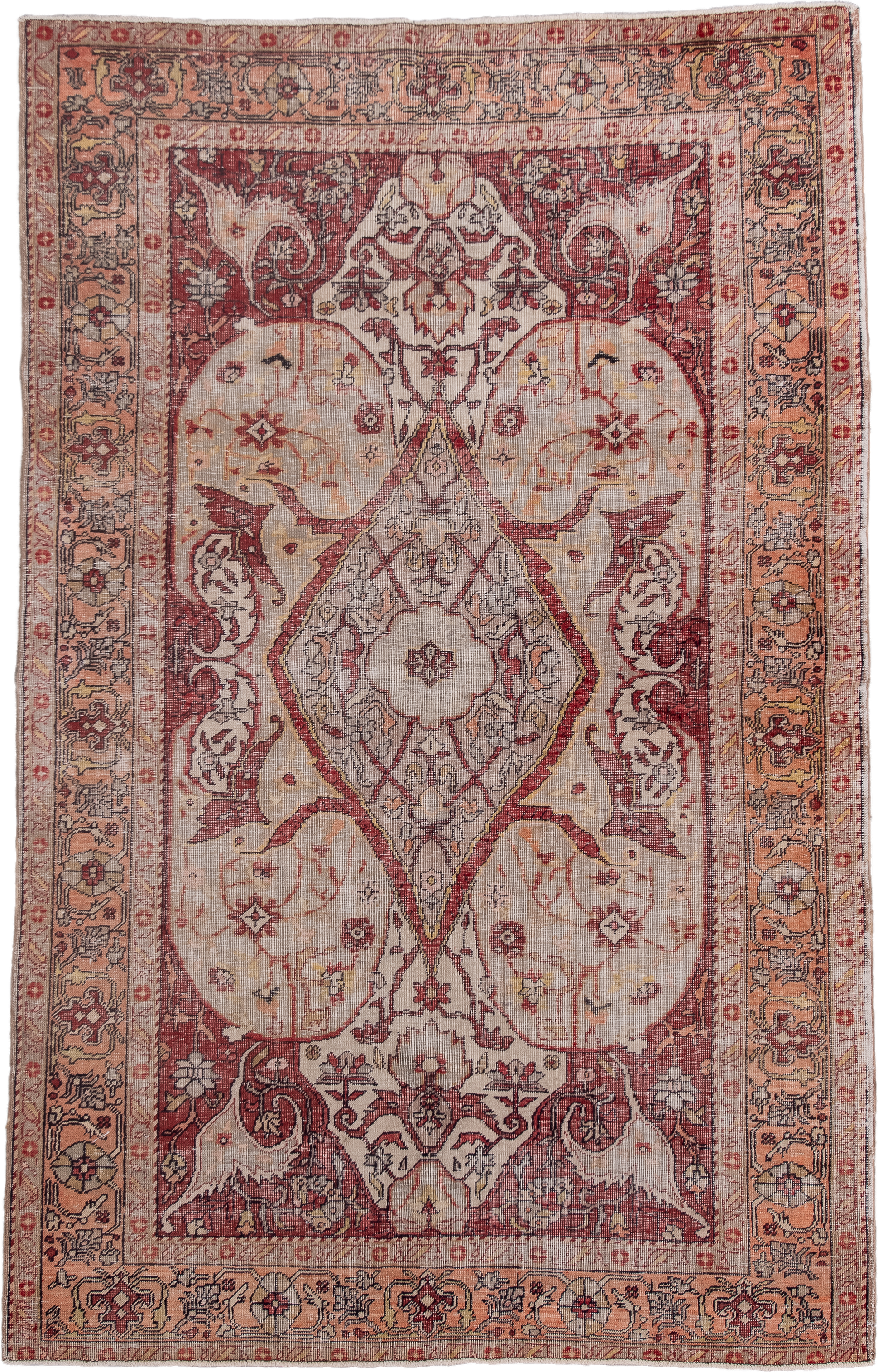 4' x 7' one-of-a-kind handmade vintage Oushak rug. Color palette: ivory, rose, rust, peach, blush, taupe, gold, charcoal