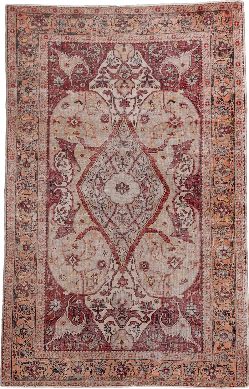 4' x 7' one-of-a-kind handmade vintage Oushak rug. Color palette: ivory, rose, rust, peach, blush, taupe, gold, charcoal