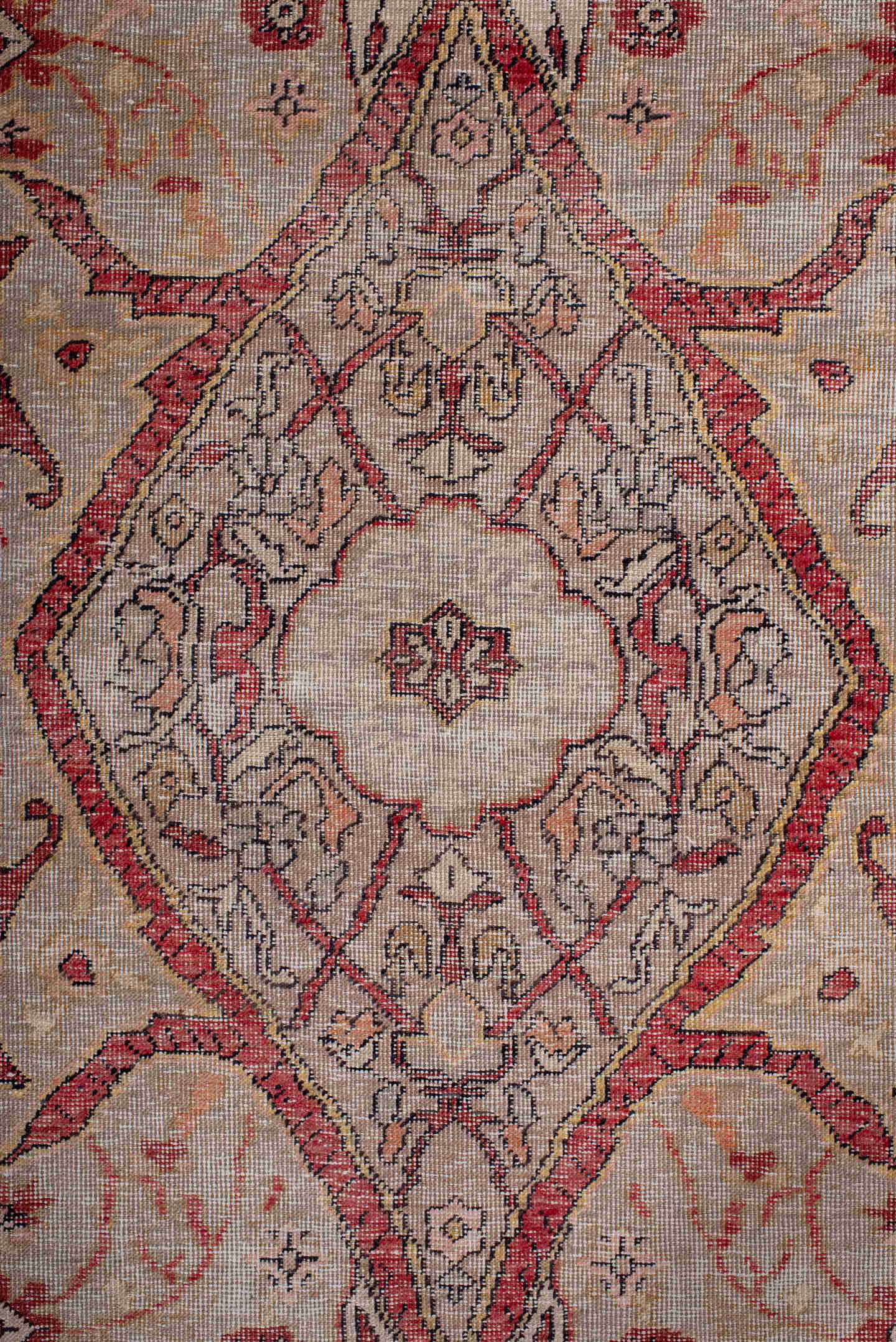 4' x 7' one-of-a-kind handmade vintage Oushak rug. Color palette: ivory, rose, rust, peach, blush, taupe, gold, charcoal