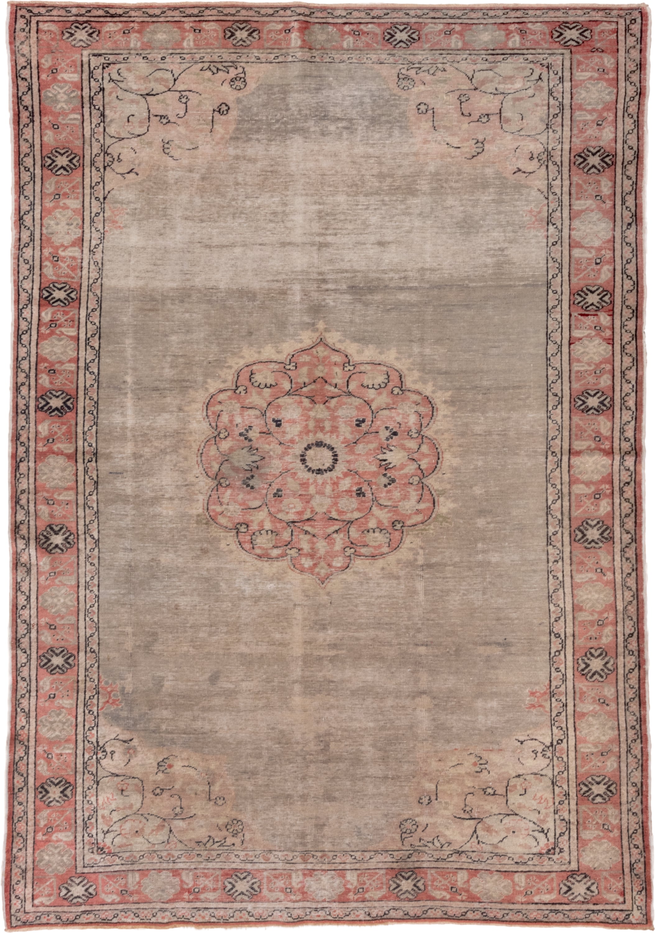 6' x 9' one-of-a-kind handmade antique Oushak medium size rug. Color palette: taupe, blush, ivory, charcoal, rose, beige