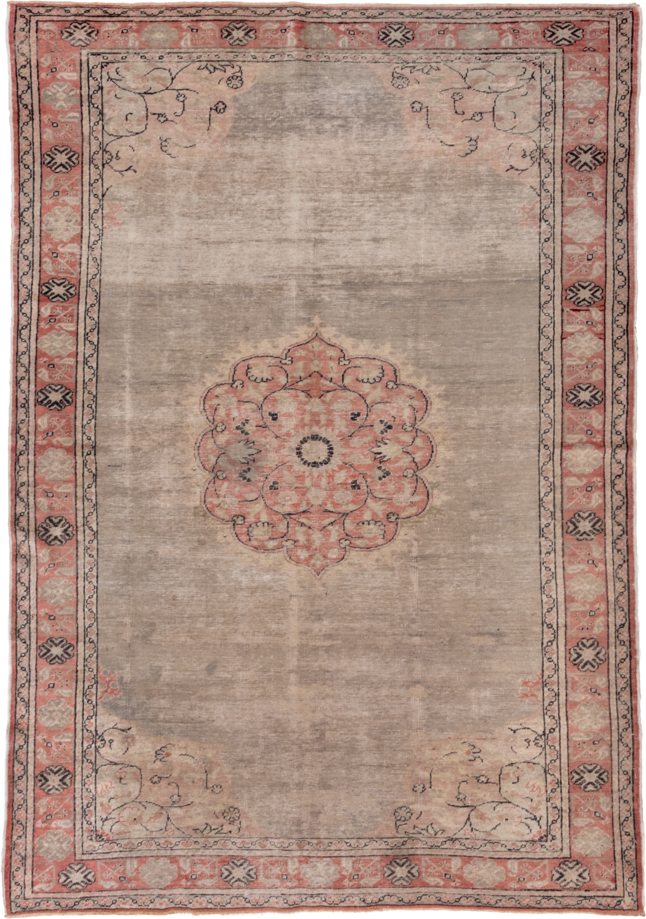 6' x 9' one-of-a-kind handmade antique Oushak medium size rug. Color palette: taupe, blush, ivory, charcoal, rose, beige