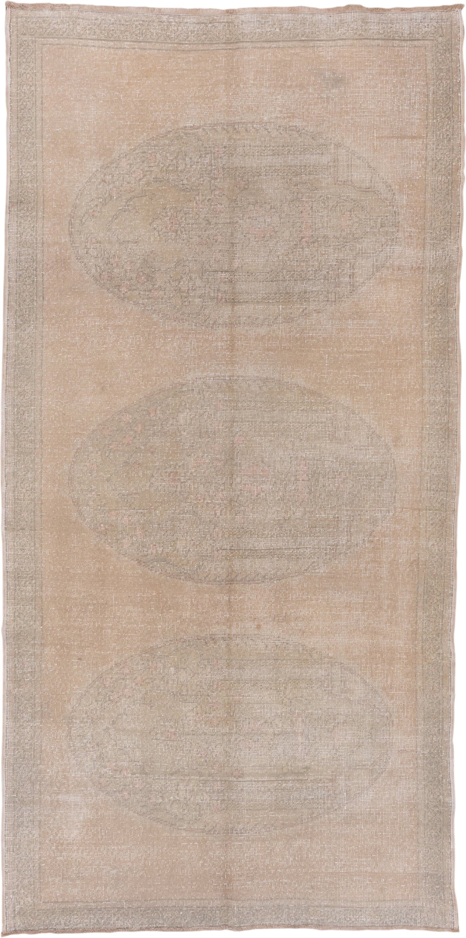 5' x 10' one-of-a-kind handmade vintage Oushak medium size rug. Color palette: beige, ivory, taupe, sand, blush, greige